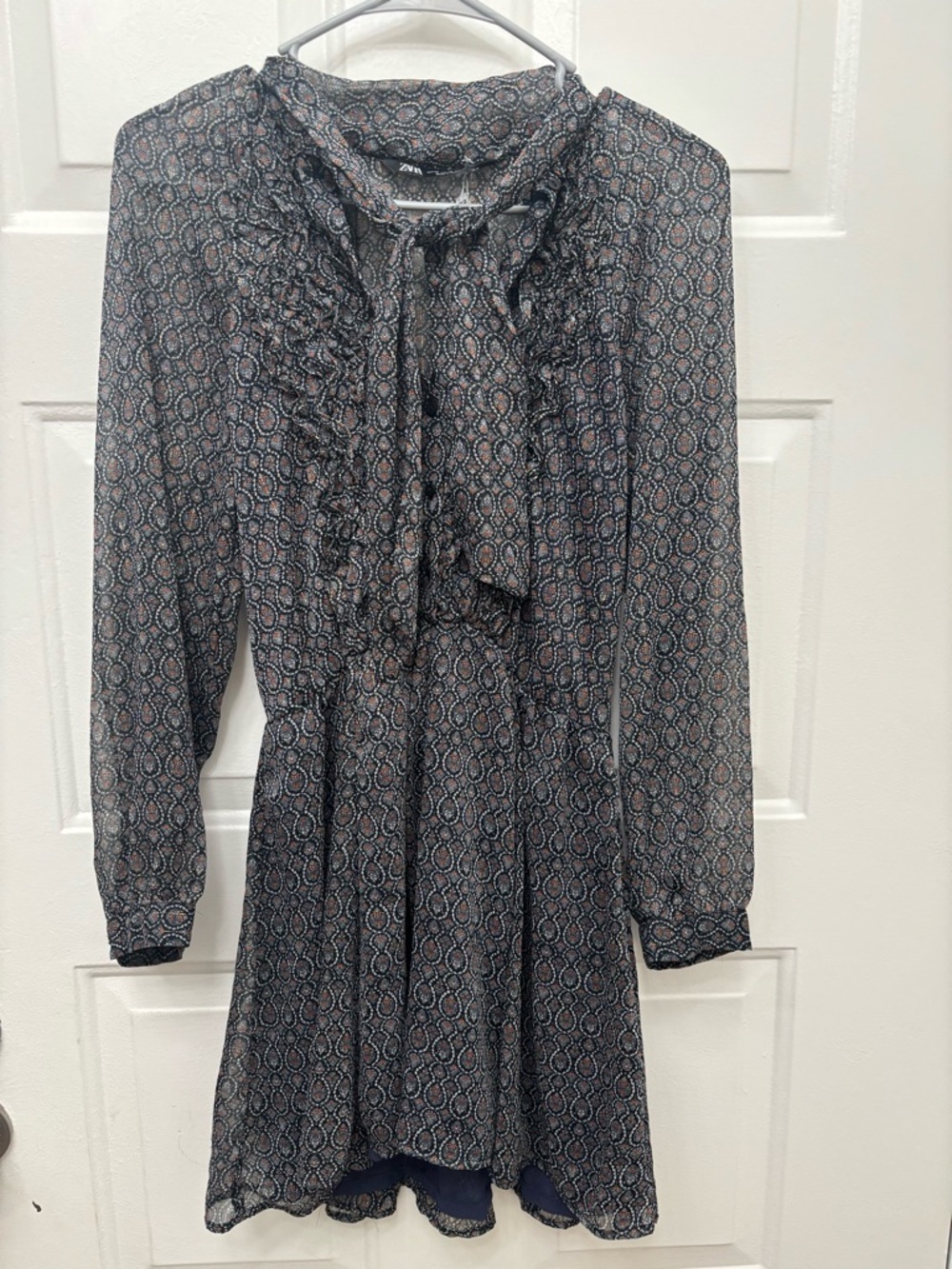 Zara Navy Printed Long-Sleeve Ruffle Tie-Neck Dress